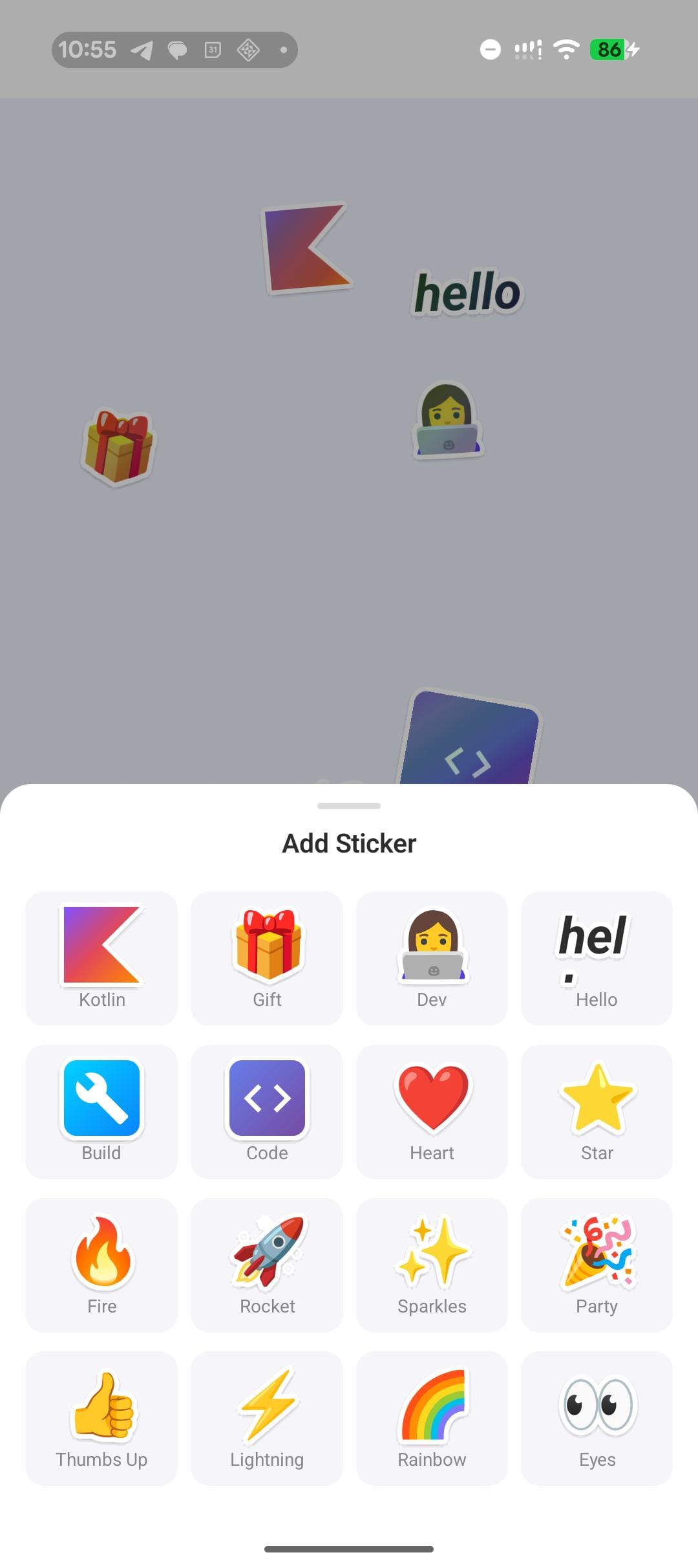 The sticker tray bottom sheet showing all 16 stickers