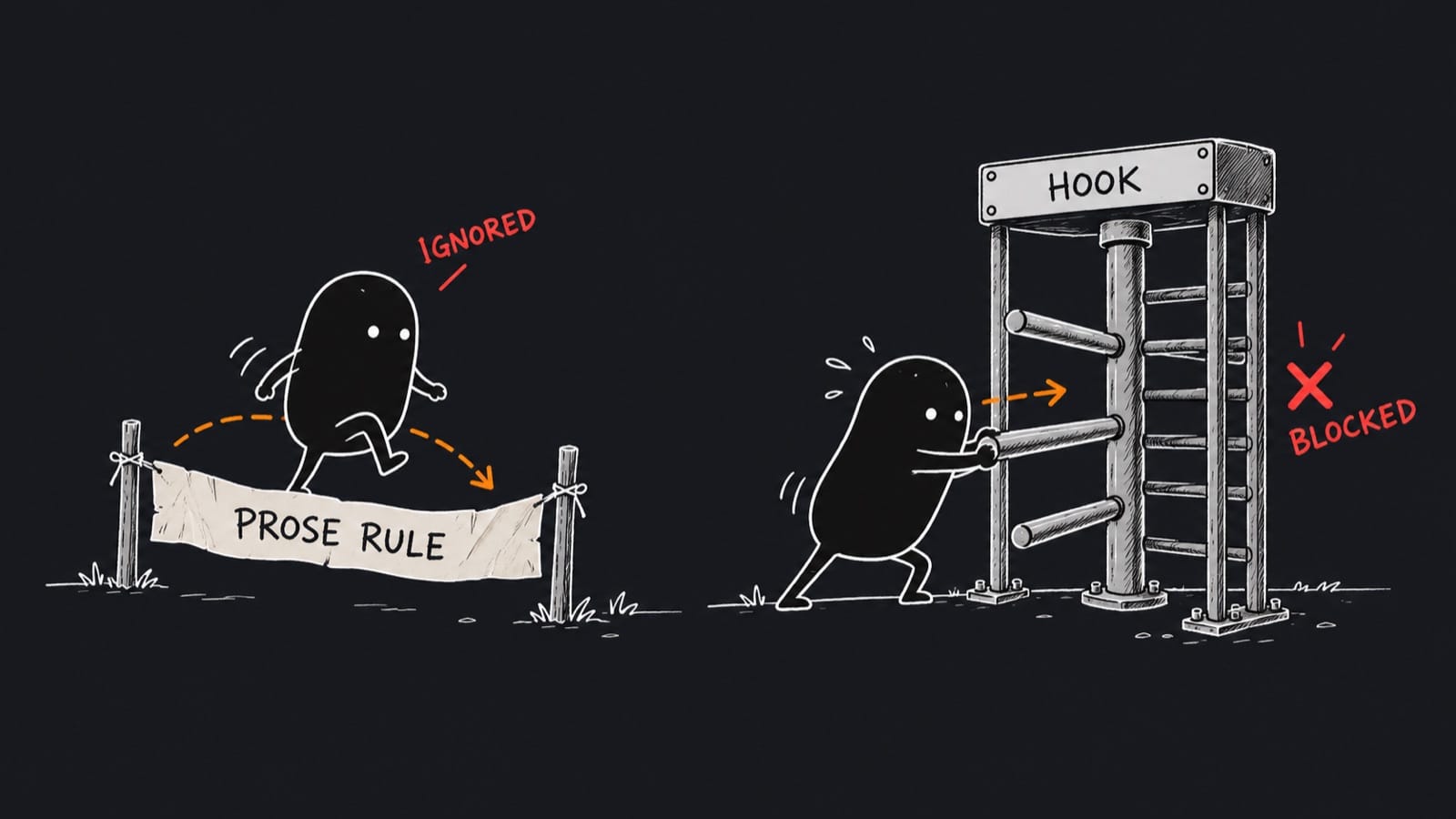 A rule in CLAUDE.md gets stepped over. A hook holds.