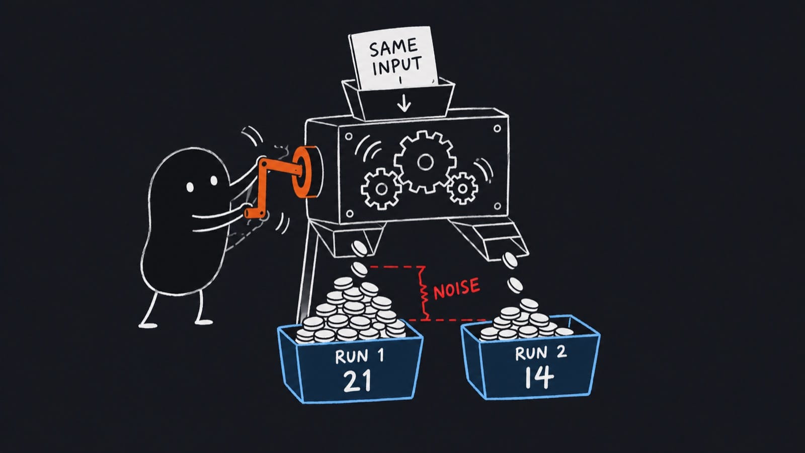 Same input, same prompt, two runs: 21 and 14.