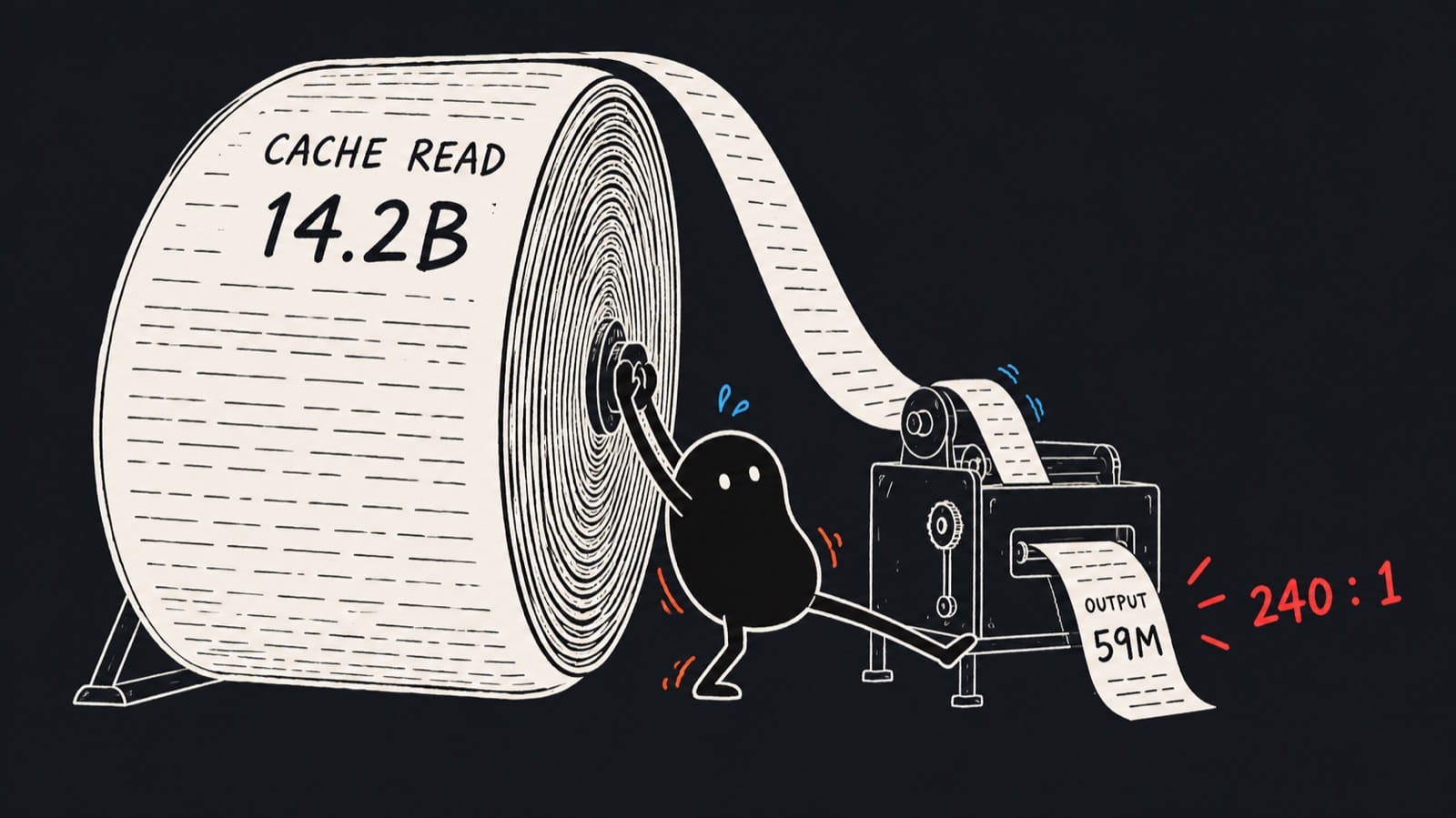 14.2 billion tokens re-read for 59 million written.